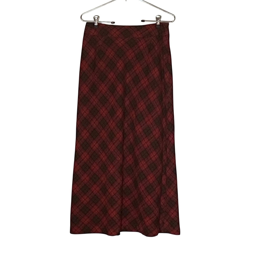 Vintage Dark Academia Red Plaid Wool Blend Maxi Skirt Side Zip A-Line Lined 6